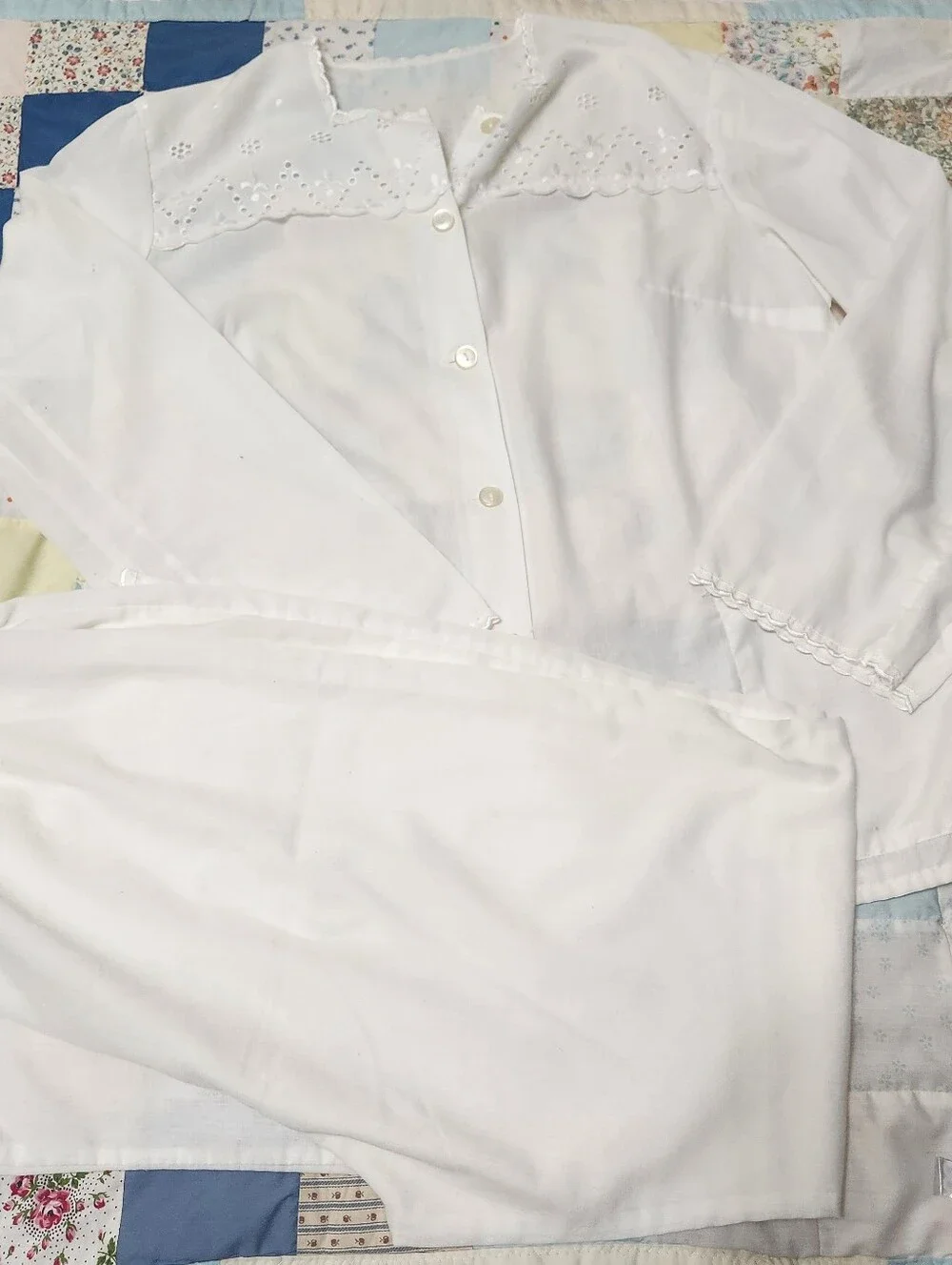 VTG 70s White Cotton Pajama Set M Embroidered Lace Eyelet Prairie Cottagecore
